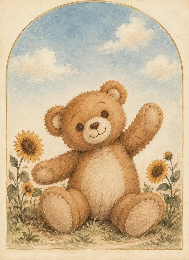 A playful painted teddy bear among sunflowers under a soft blue sky